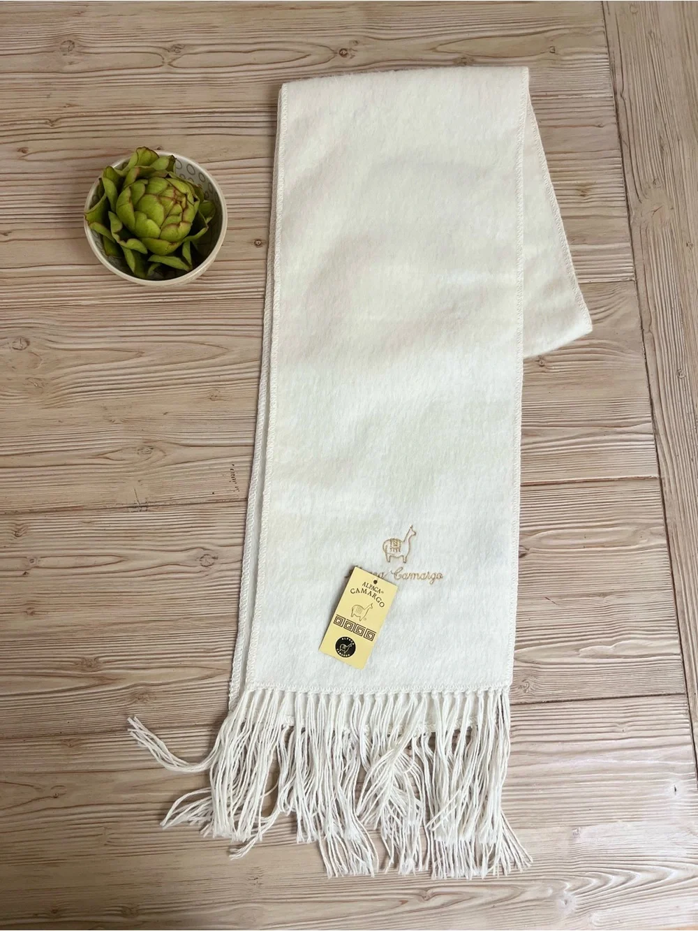 Alpaca Camargo Ivory Alpaca Scarf Fringe Embroidered Llama NWT 9 x 64